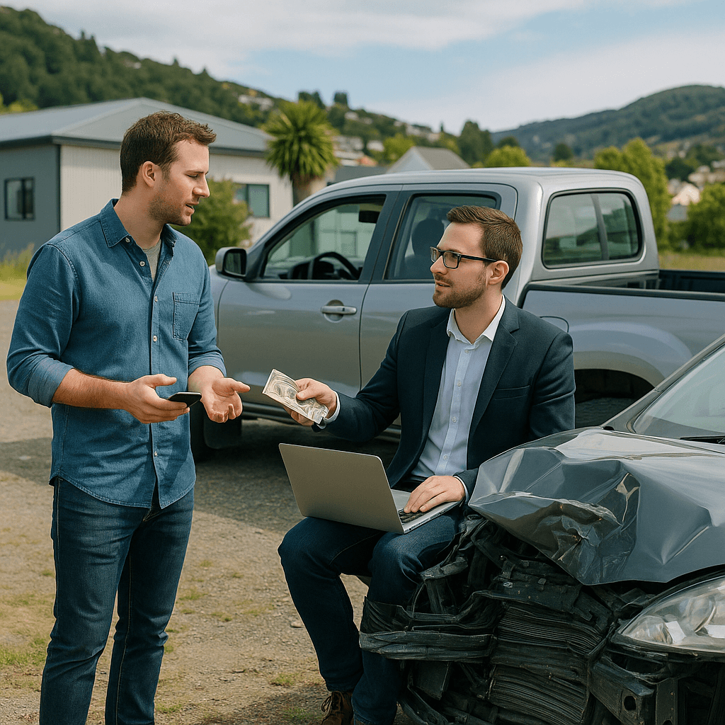 Photorealistic image showing a damaged car with cash and paperwork symbolizing the process of selling a damaged vehicle